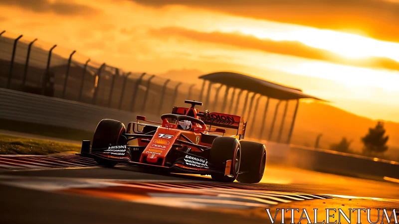 Photorealistic F1 car sprint under golden hour backlighting.