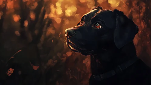 Autumn embers drift while a hopeful black dog studies light