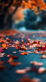 Orange autumn leaves scattered across a blurred blue road.