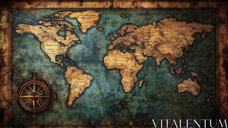 Vintage world map unfolds over textured ocean blue background.