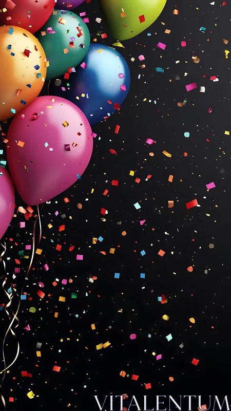 Festive balloons burst with colorful confetti against dark backdrop