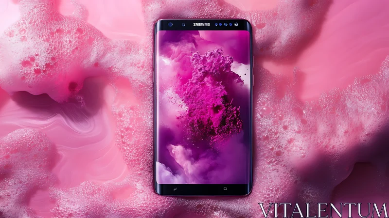 Samsung smartphone in pink liquid foam product rendering.