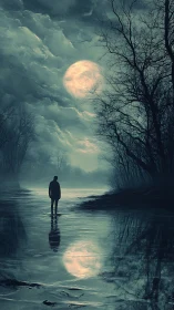 Moonlit wanderer beside the quiet, mist-covered river.