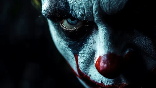 Sinister clown portrait under harsh dramatic side lighting