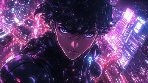 Cybernetic anime figure above dense neon cityscape at night.