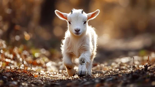 Backlit baby goat running on forest path with shallow depth