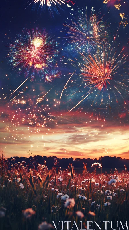 Fireworks explode above dusk meadow with glowing wildflowers