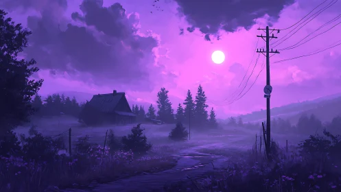 Violet twilight road curves past misty farmhouse and pines.
