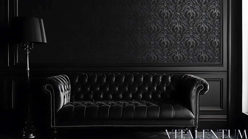 Monochrome tufted leather sofa in neoclassical dark interior design.