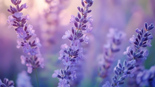 Close-up lavender blossoms in soft purple evening light.