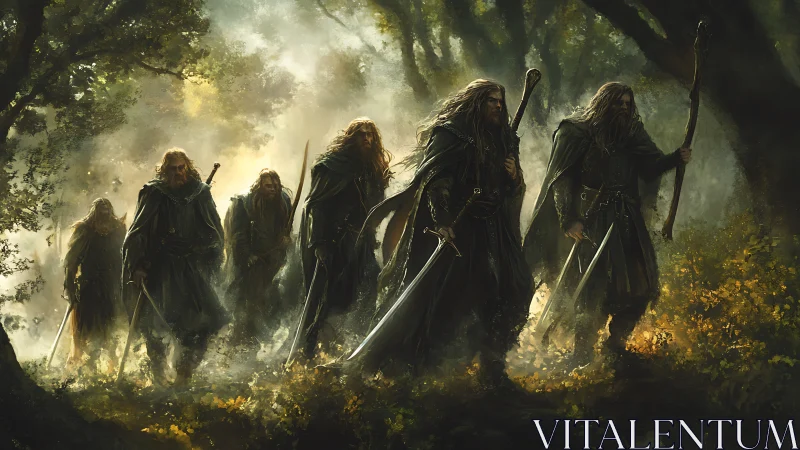 Hooded warriors advancing through a misty forest path.