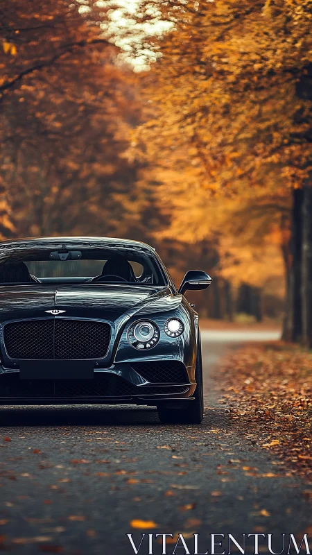 Black luxury coupe advances along autumn forest roadway