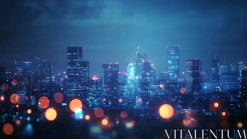 Futuristic blue city skyline glows behind soft orange bokeh