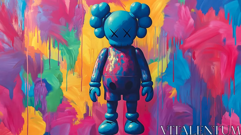 Blue toy figure against vivid dripping abstract mural.