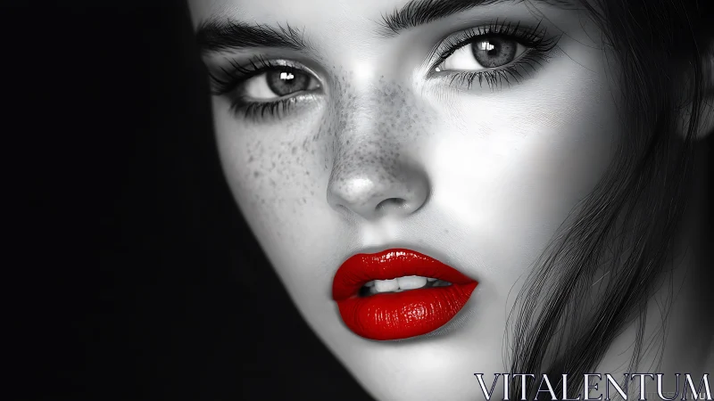 Monochrome female portrait with vivid red glossy lips focus.