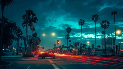 Urban palm-lined intersection at dusk with traffic trails.