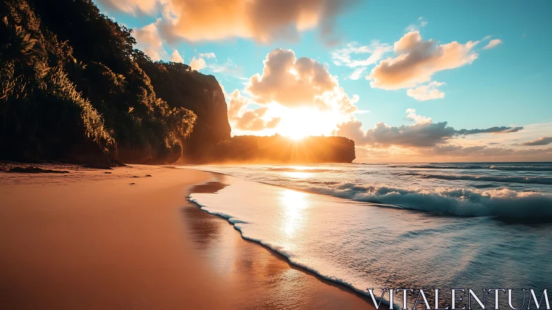 Sunlit tropical beach with cliffs and rolling ocean waves.