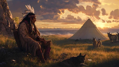 Indigenous hunter rests by tipi with dogs at sunset