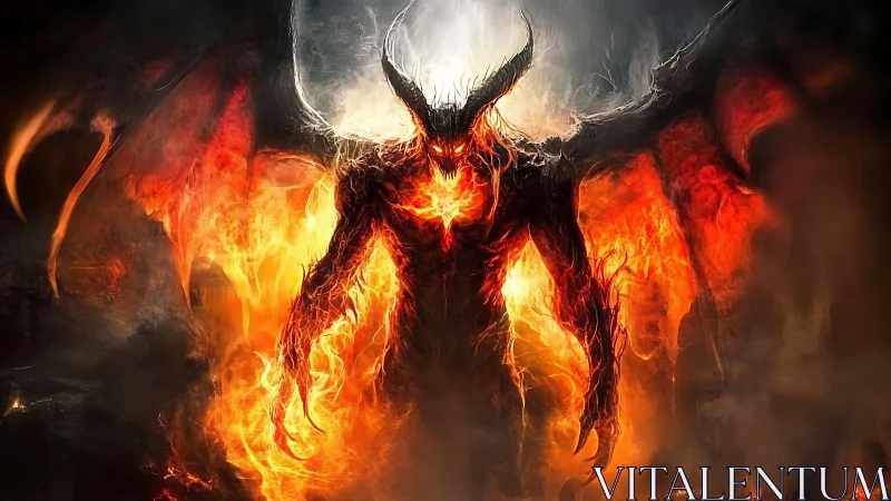 Winged fiery demon figure in infernal digital artwork.
