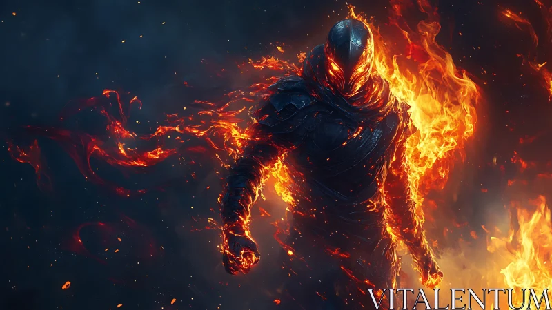Armored fire entity in dark smoky inferno scene.