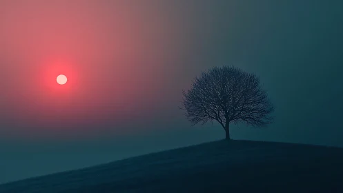 Minimalist silhouette tree against crimson atmospheric sunscape.
