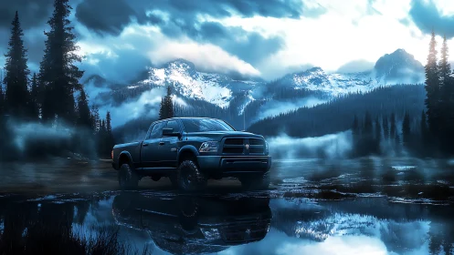 Pickup truck stands near reflective water in misty mountains