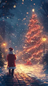 Snowy lane with glowing Christmas tree and lone Santa figure.