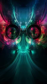 Symmetrical neon abstract forming robotic mask illusion