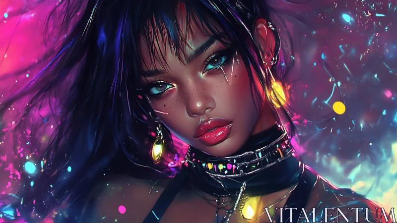 Neon-lit cyber siren in electrified chromatic haze.