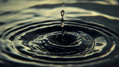 Single water droplet forms concentric ripples on dark surface