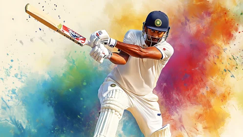 Cricketer in batting stance swings bat amid colorful splash