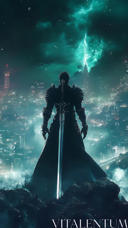 Armored cyber knight surveys neon city under stormlit sky.