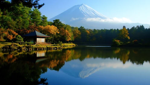 Mountain lake landscape with reflective symmetry and autumn foliage