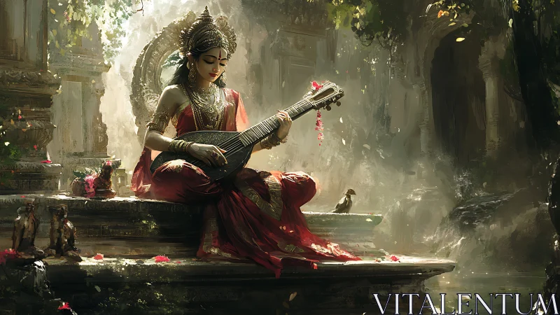 Divine musician in temple garden with veena and soft light.