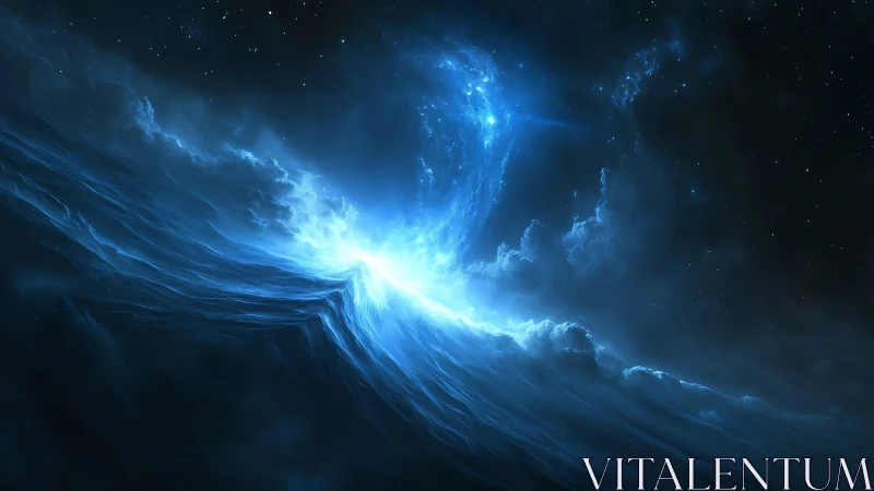 Energetic cosmic wavefront curves into luminous blue nebular vortex