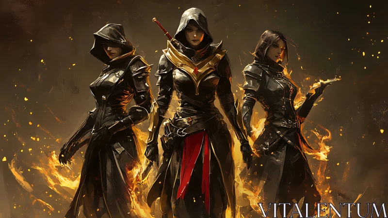 Hooded warrior trio framed by infernal flames in digital chiaroscuro