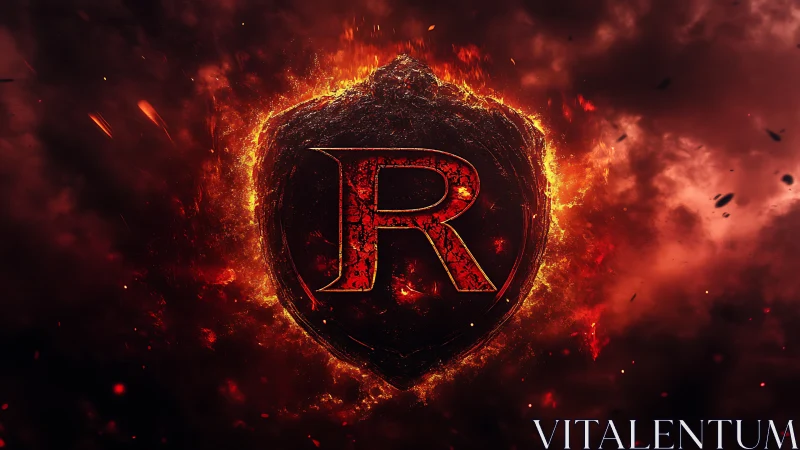 Fiery red R emblem burns inside molten lava shield