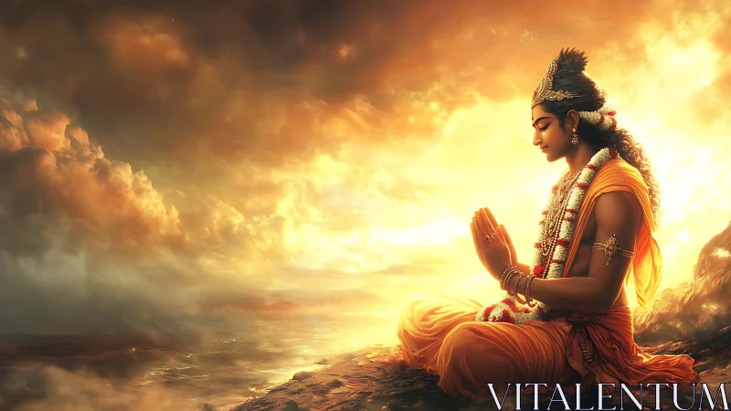 Divine figure meditates in radiant golden sunrise clouds