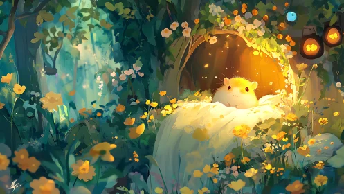 Small creature rests in illuminated forest hollow at night