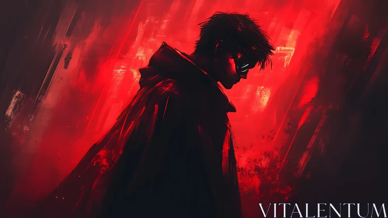 Side-profile figure in hooded coat against red abstract field