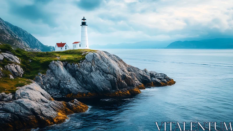 Lighthouse on Rocky Coastal Promontory with Mountain Background.