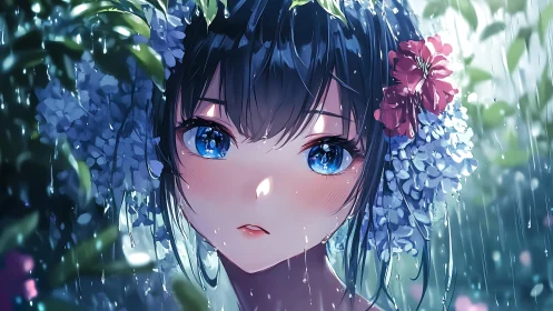 Blue-eyed girl in floral rain portrait uses luminous anime rendering