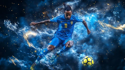 Dynamic soccer player sprints through swirling cosmic energy.