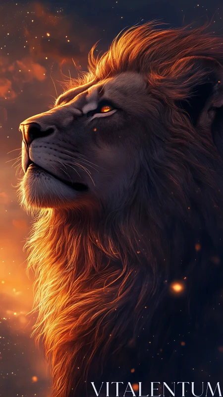 Majestic lion portrait rendered in dramatic ember side light