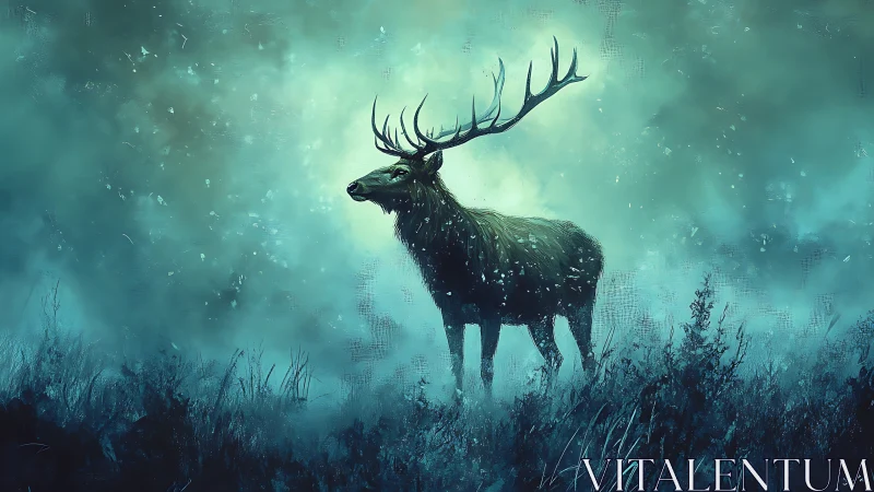 Solitary stag rendered in atmospheric teal-azure digital mist
