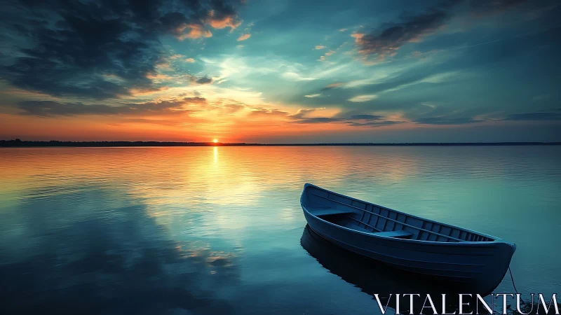 Quiet blue rowboat resting under a silky painted sunset.