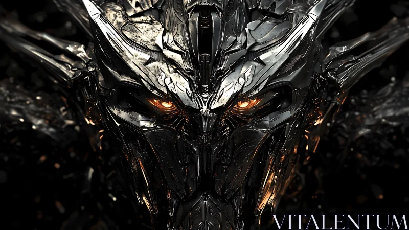 Cybernetic dragon war-helm in molten chrome close-up render.