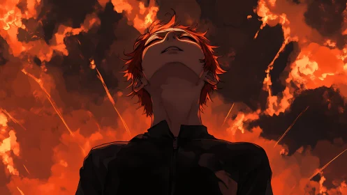 Red-haired character faces upward under burning orange sky
