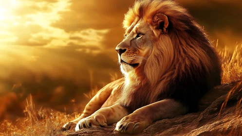 Majestic lion in molten sunset glare on rocky savanna plateau.