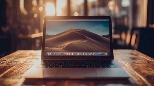 Sunlit laptop stage with glowing desert dunes screen.